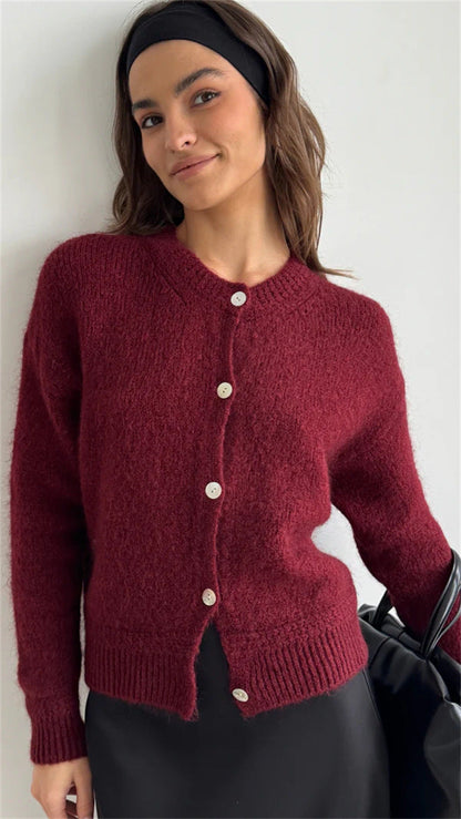 Damen Strickcardigan Weich Knopfverschluss Voluminöse Ärmel Beige