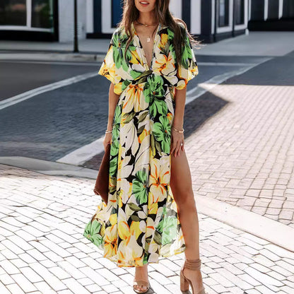 Damen Maxi-Kleid V-Ausschnitt Seitenschlitz Norvielle
