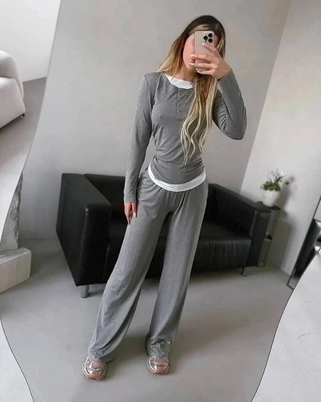 Damen Zwei-teiliges Outfit mit Kragen und weiten Hosen Norvielle