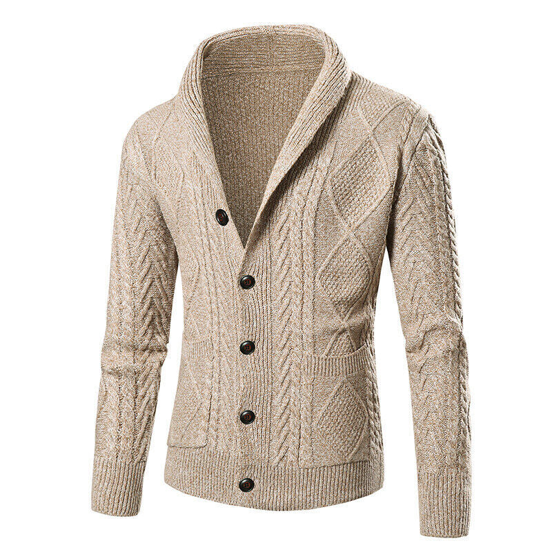 Herren Strickcardigan Modernes Zopfmuster Aufgesetzte Taschen Beige