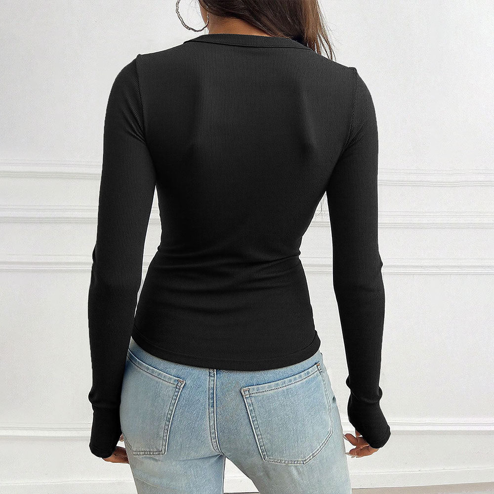 Damen Langarmshirt V-Ausschnitt Knöpfe Norvielle