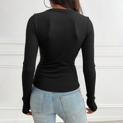Damen Langarmshirt V-Ausschnitt Knöpfe Norvielle