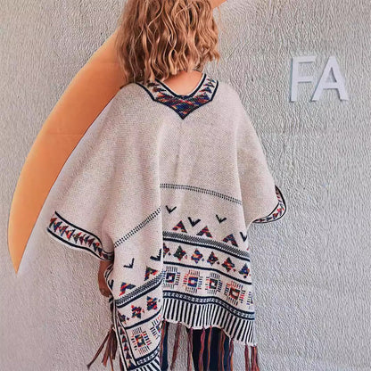 Damen Strickponcho Bunt Muster Fransenverzierung