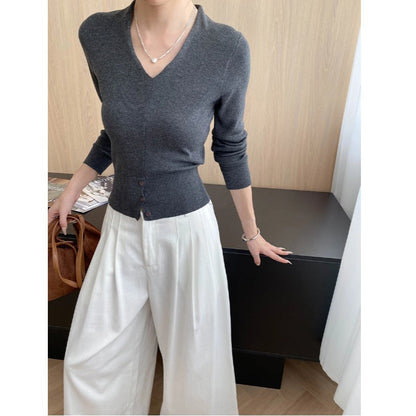 Damen Strickpullover V-Ausschnitt Norvielle Feinripp mit Knöpfen