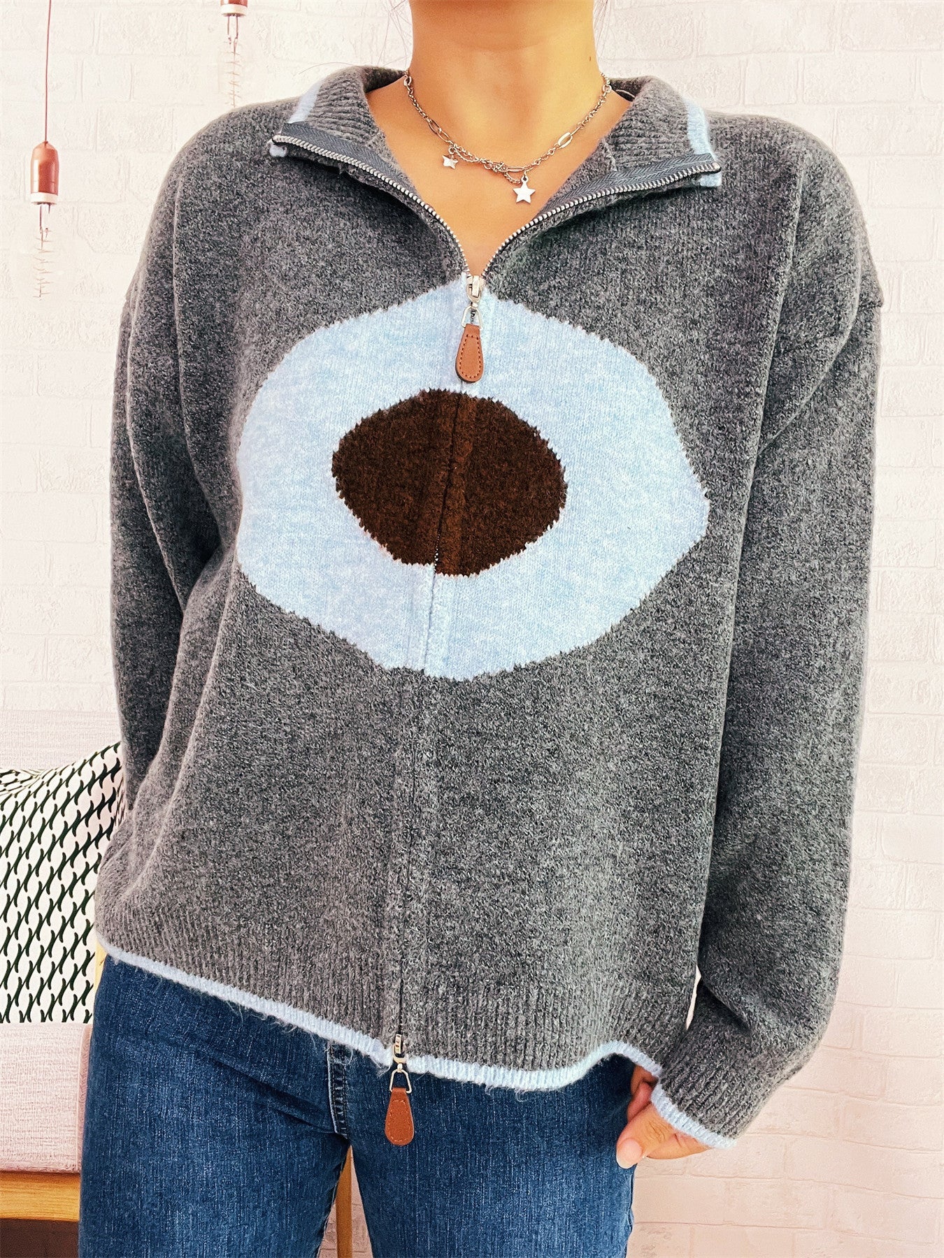 Damen Strickpullover Reißverschluss Kuschel Norvielle