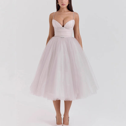 Damen Cocktailkleid Tüll V-Ausschnitt Taillengürtel Norvielle