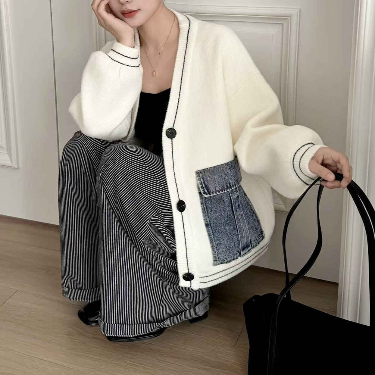 Damen Strickjacke Denim-Details