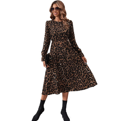 Damen Maxikleid Leopardenmuster Puffärmel