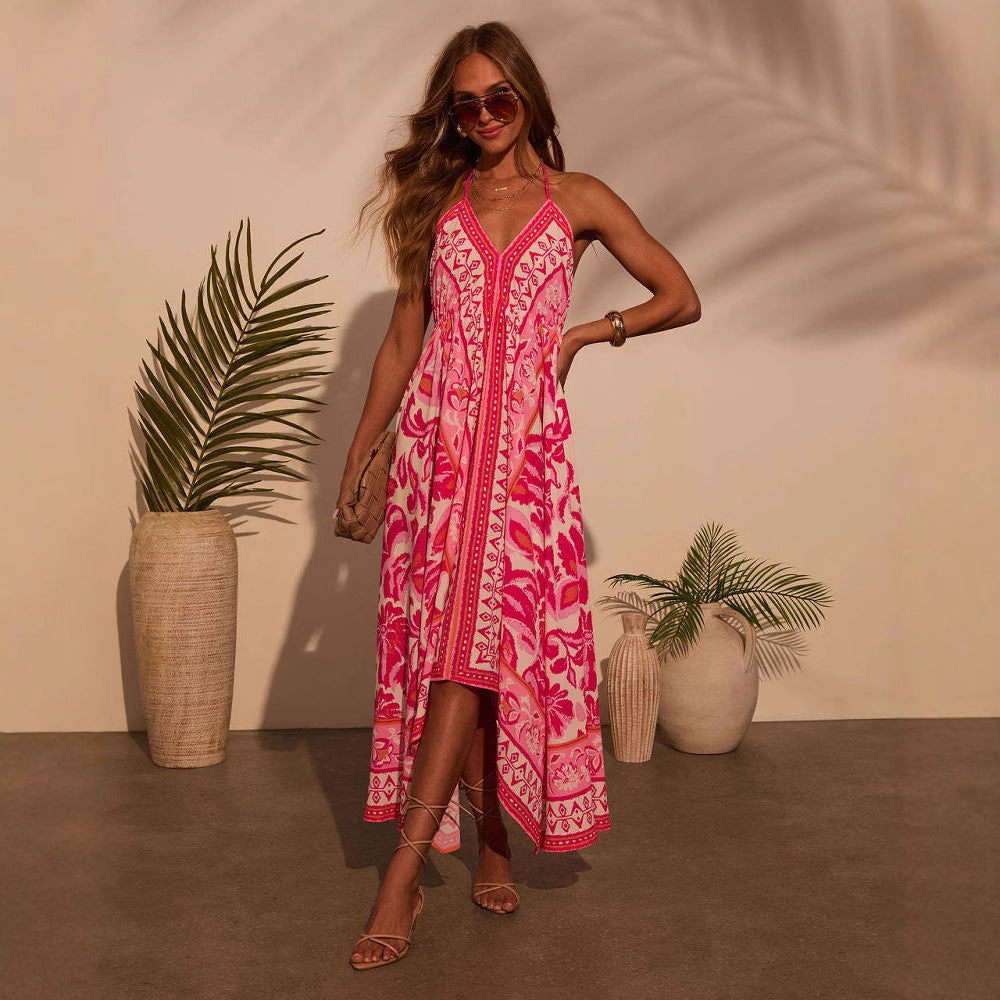 Damen Maxikleid Boho Stil V-Ausschnitt Asymmetrisch
