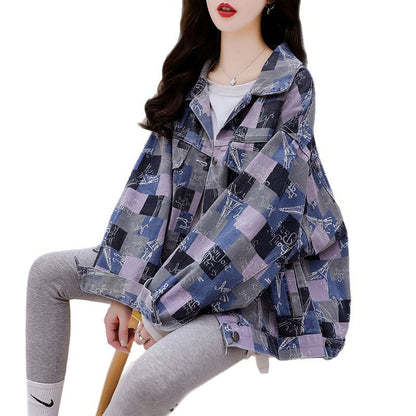 Damen Oversized Jeansjacke Auffälliges Muster
