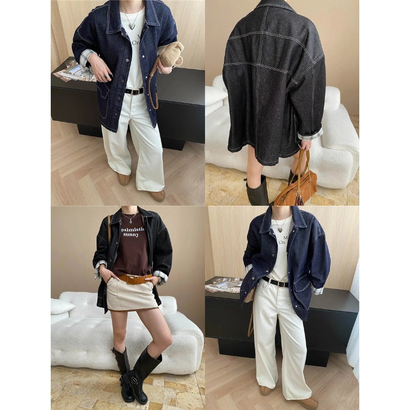Damen Jeansjacke Vintage-Stil mit Taschen und Druckknöpfen