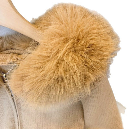 Damen Strickjacke Abnehmbarer Kunstfellkragen Beige