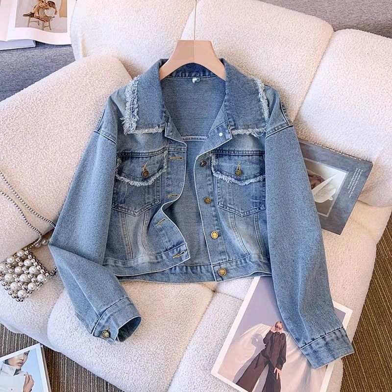 Damen Cropped Denimjacke Fransen Knöpfe Blau - Norvielle