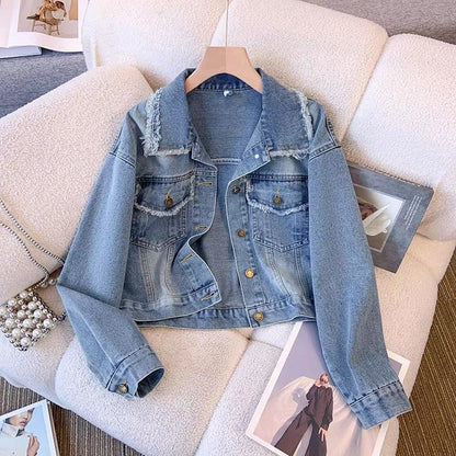 Damen Cropped Denimjacke Fransen Knöpfe Blau - Norvielle