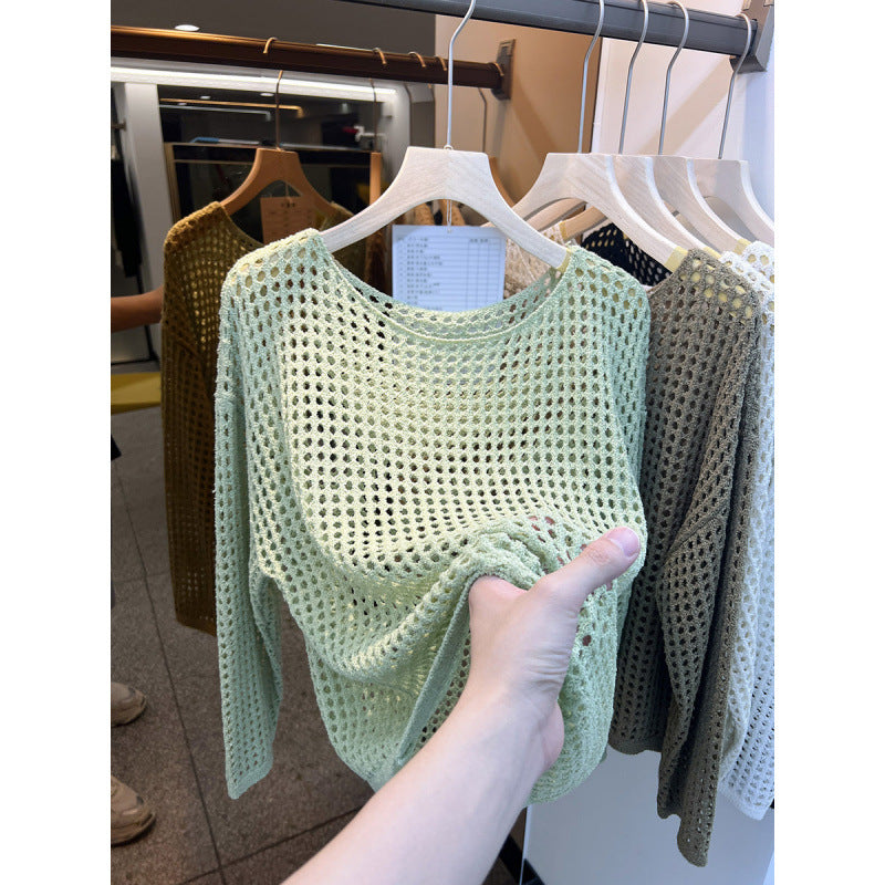 Damen Strickpullover Grobmasches Netzdesign Beige
