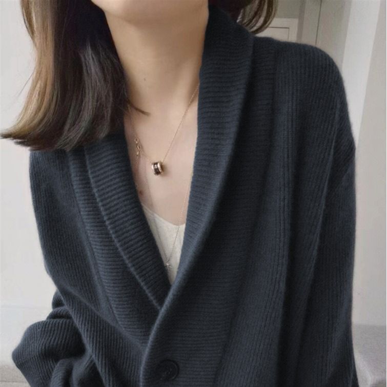 Damen Strickcardigan Breites Revers Taschen Beige