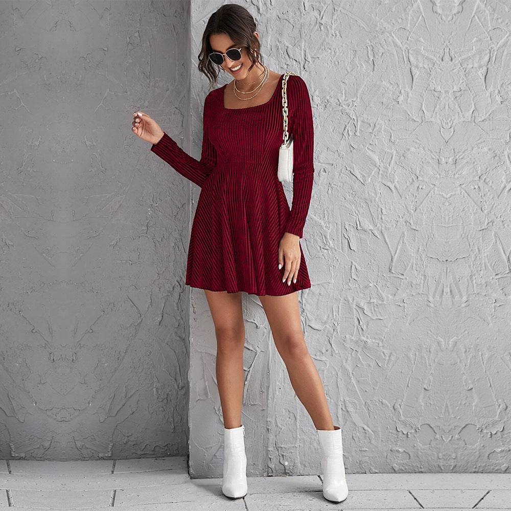 Damen Minikleid Tiefes Quadrat Dekolleté Lange Ärmel