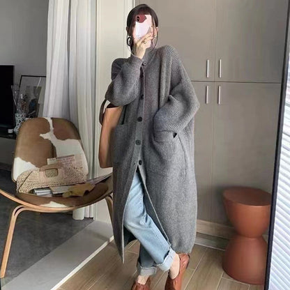 Damen Strickmantel Große Taschen Knopf Detail Beige