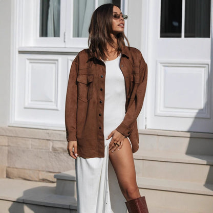 Damen Oversized Oberhemd Weiches Wildlederimitat Norvielle