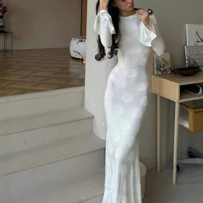 Damen Langkleid Figurbetont Muschel-Design Ärmelabschluss Elegant