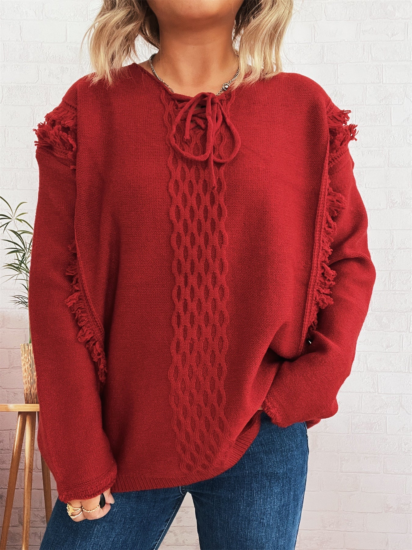 Damen Grobstrickpullover Lässige Fransen Dekorativer Zopf Norvielle
