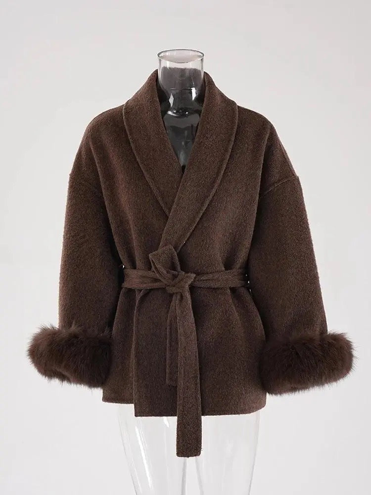 Damen Kurzmantel Kunstfellbesatz Elegantes Design