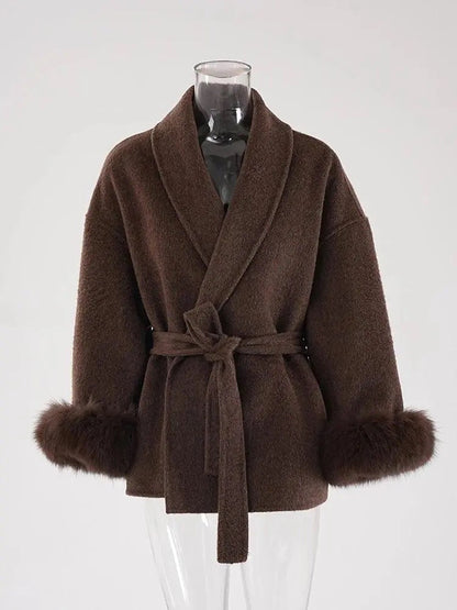 Damen Kurzmantel Kunstfellbesatz Elegantes Design
