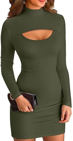Damen Minikleid Figurbetont Cut-Out Ausschnitt Hochgeschlossen