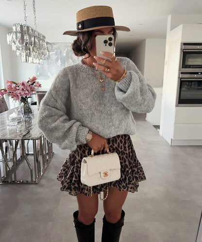 Damen Strickpullover Oversized Voluminöse Ärmel Beige