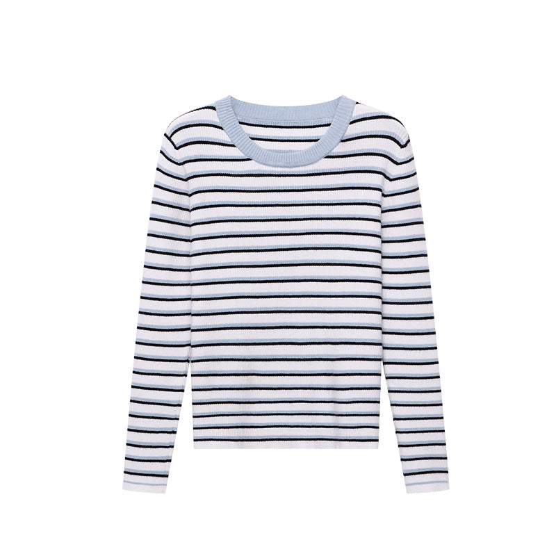 Damen Pullover Gestreift Rundhalsausschnitt Feine Rippe Beige
