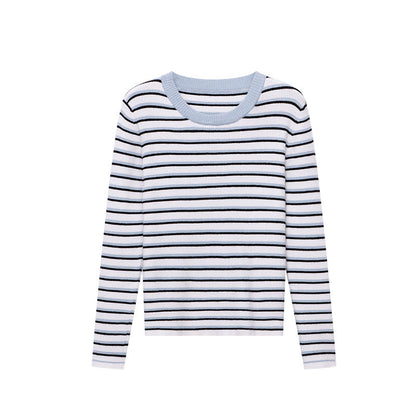 Damen Pullover Gestreift Rundhalsausschnitt Feine Rippe Beige