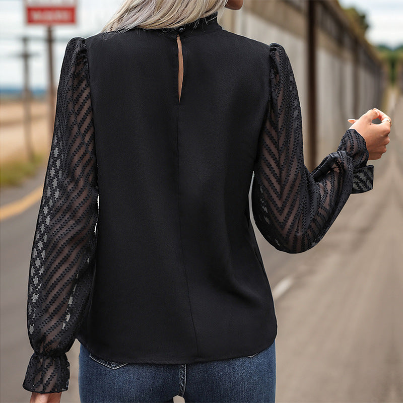 Damen Blusenshirt transparente Ärmel Knöpfe Norvielle