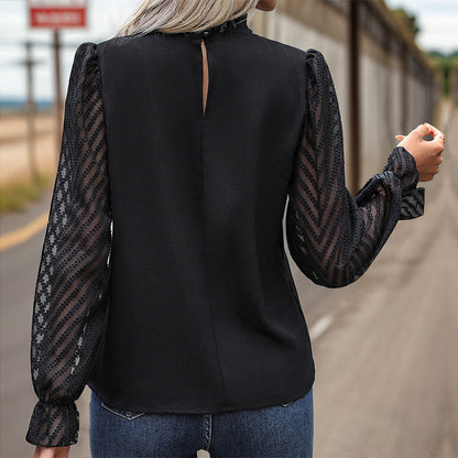 Damen Blusenshirt transparente Ärmel Knöpfe Norvielle