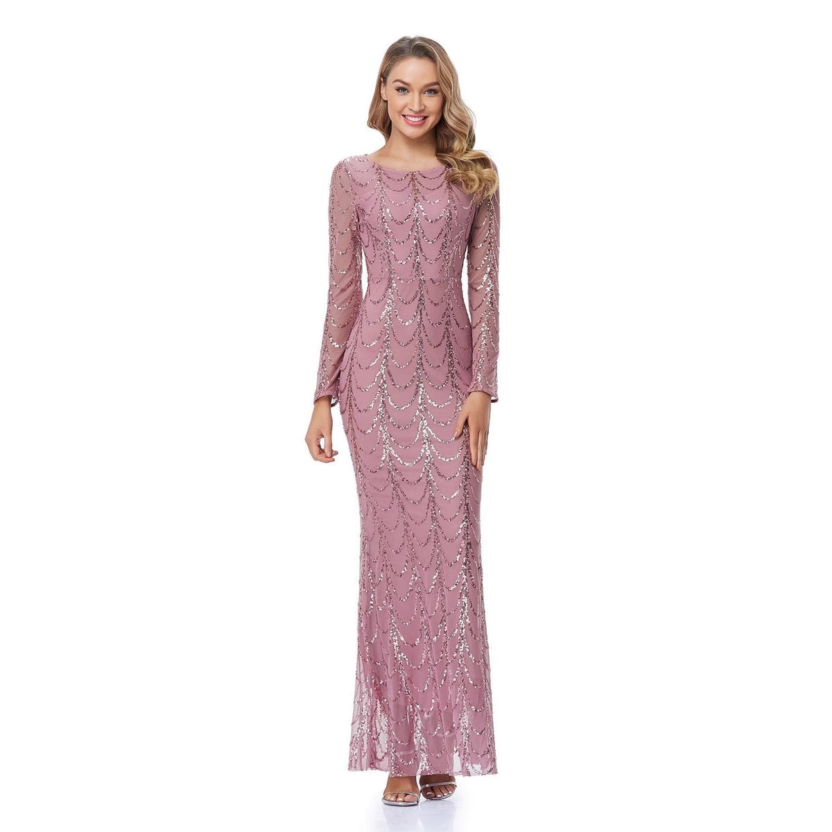 Damen Abendkleid Figurbetont Transparente Ärmel Pailletten