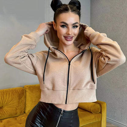Damen Cropped Kapuzenjacke Reißverschluss Seitentaschen Norvielle - Norvielle
