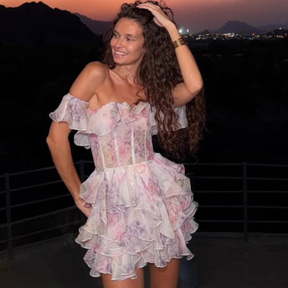 Damen Rüschenkleid Off-Shoulder Floralmuster Elastisch Weiß - Norvielle