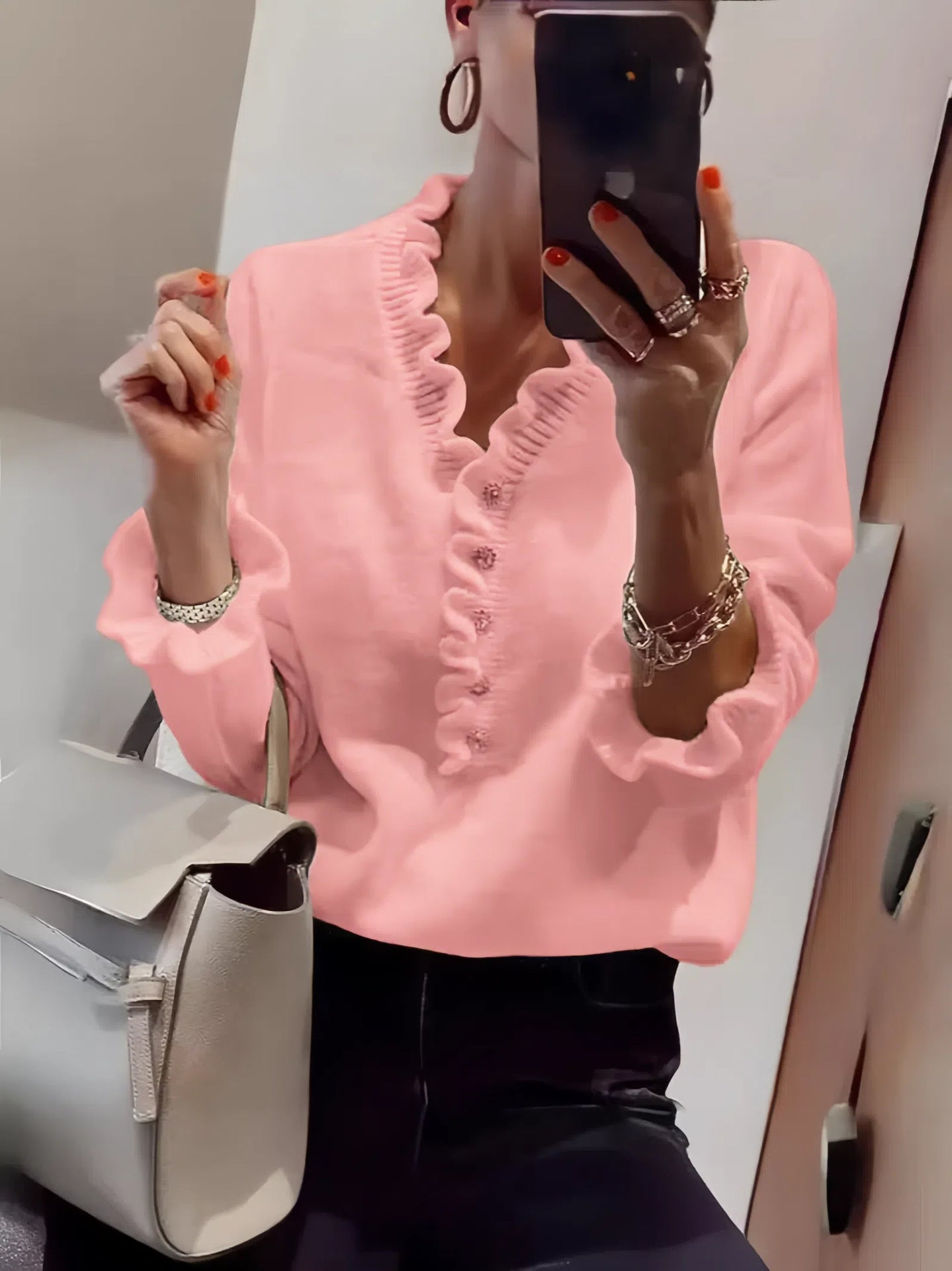 Damen Bluse Rüschendesign Knopfleiste Norvielle