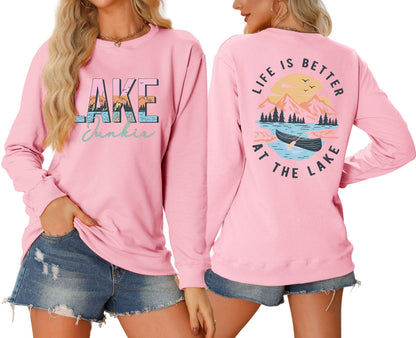 Damen Langarmshirt Lake-Motiv Leicht Lässig Weiß
