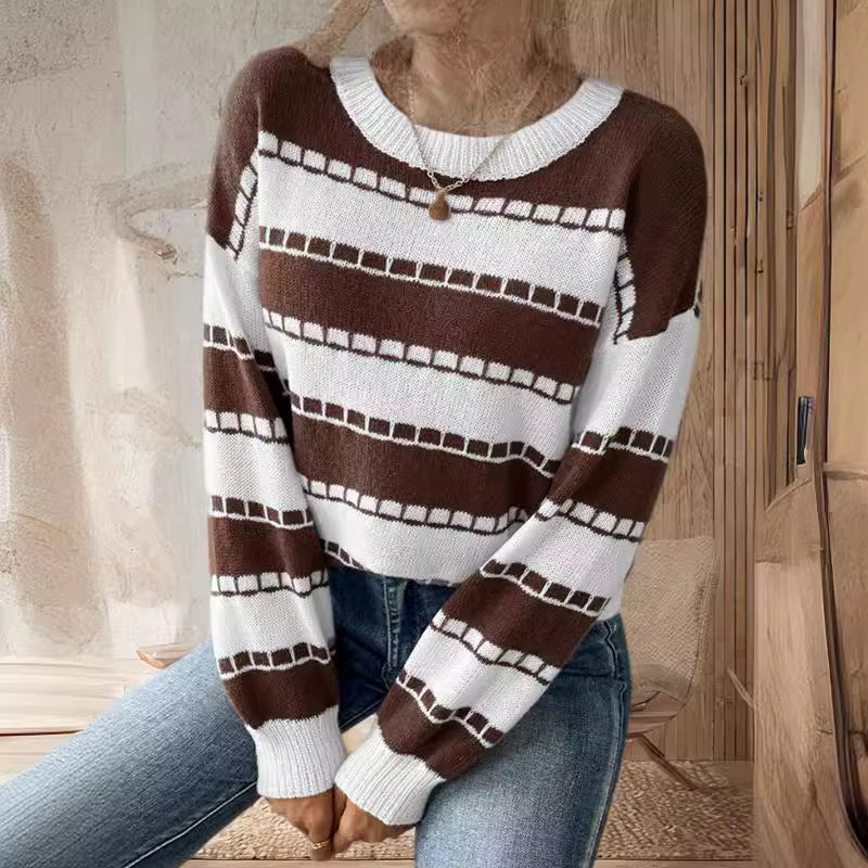 Damen Grobstrickpullover Breite Streifen Lässige Ärmel Norvielle