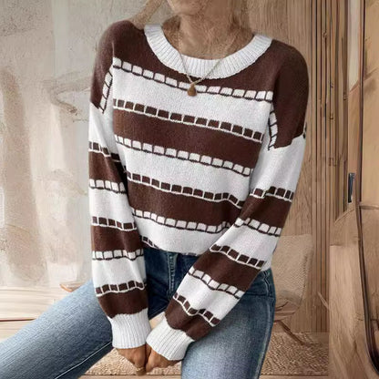 Damen Grobstrickpullover Breite Streifen Lässige Ärmel Norvielle