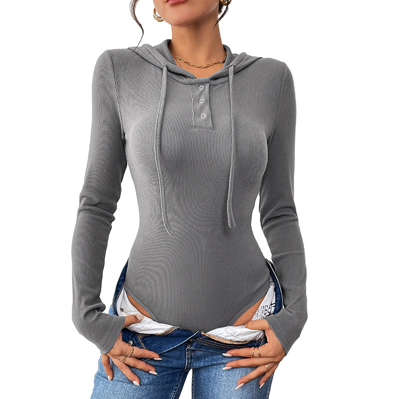 Damen Bodysuit Langarm Kapuze Rippdesign