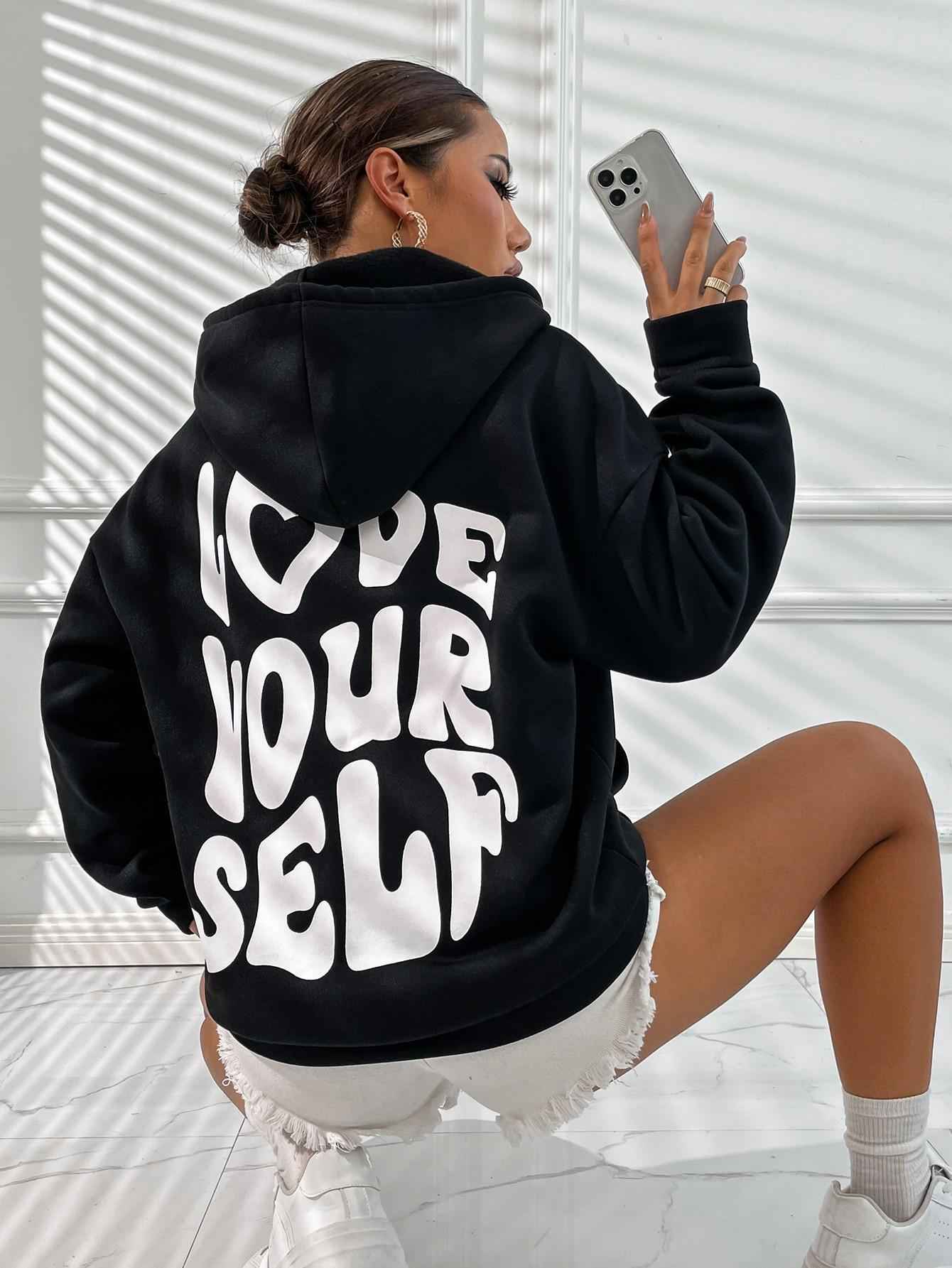 Damen Hoodie Kordelzug Kängurutasche Rückenprint Grau - Norvielle