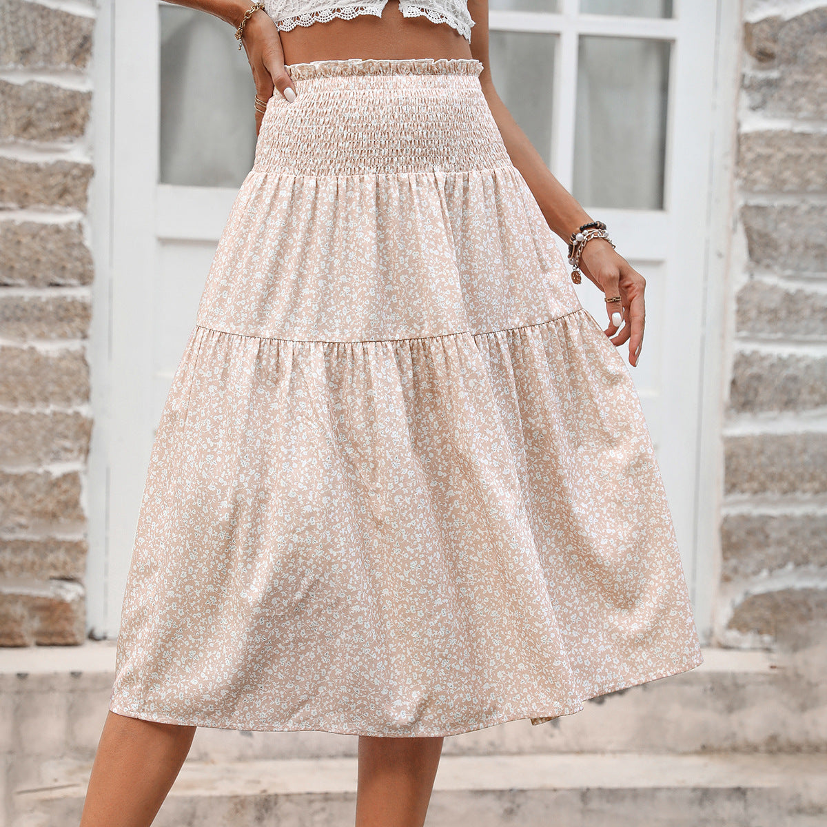 Damen Midirock Elastischer Taillenbund Florales Design