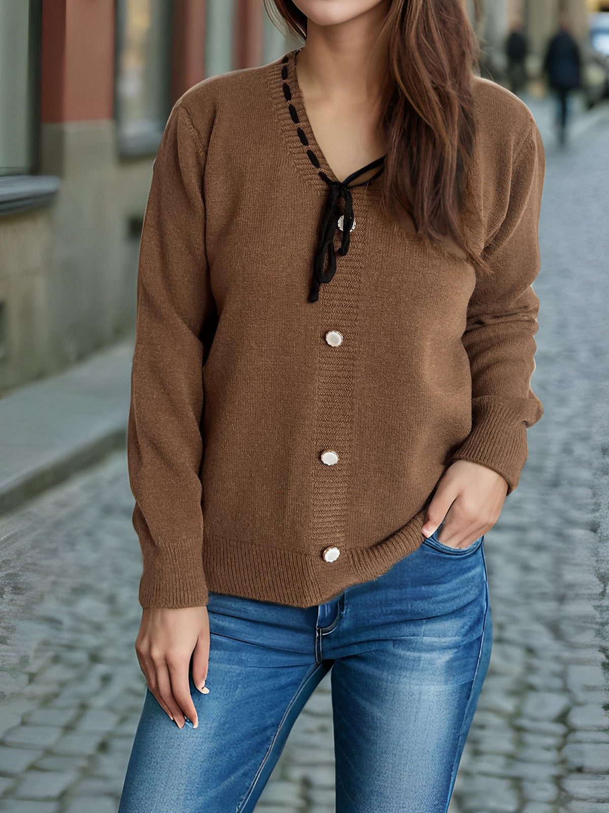 Damen Strickjacke Dekorative Knöpfe Kordelzug Norvielle