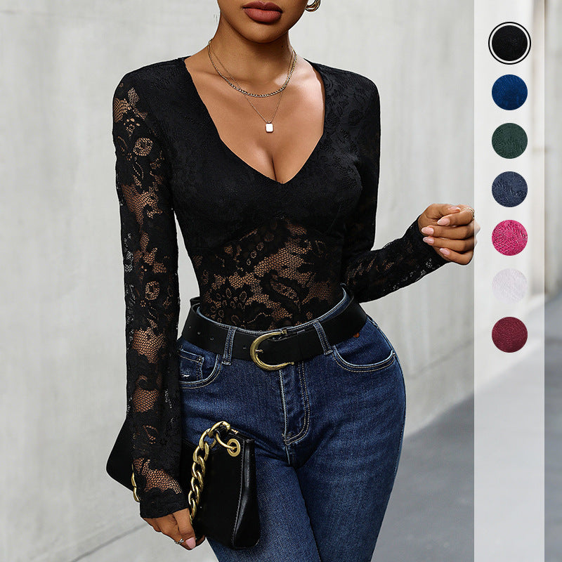 Damen Body Spitzenmuster V-Ausschnitt - Norvielle
