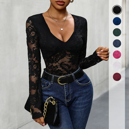 Damen Body Spitzenmuster V-Ausschnitt - Norvielle