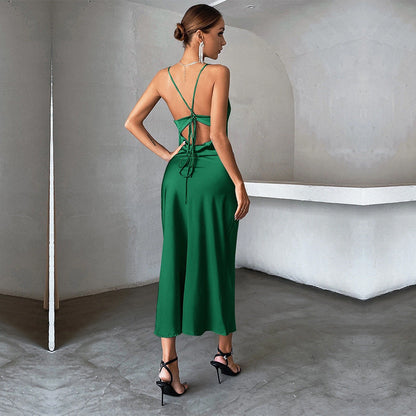 Damen Satin Maxikleid Spaghetti-Träger Fließender Schnitt