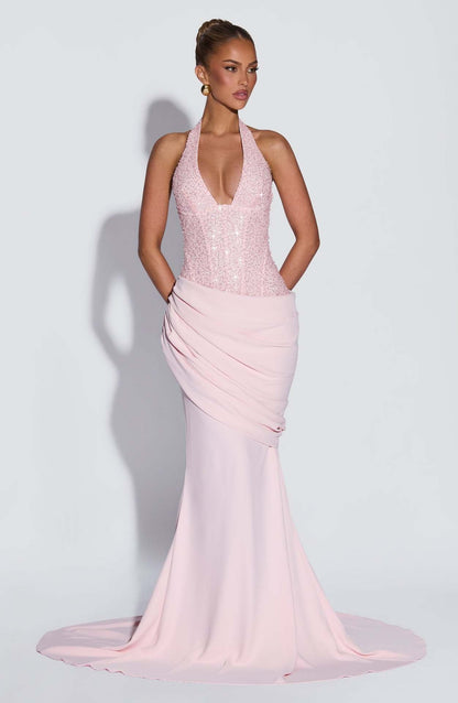 Damen Abendkleid Schimmerndes Oberteil Fließender Rock Norvielle