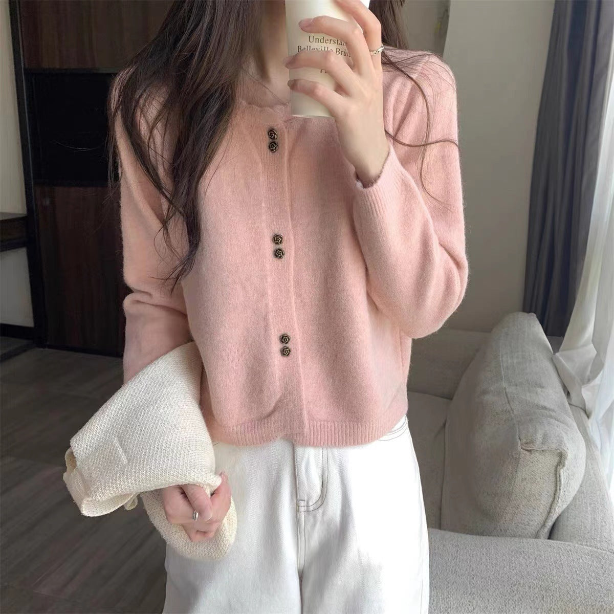 Damen Strickjacke Kuschelig Knopfverschluss Beige Norvielle