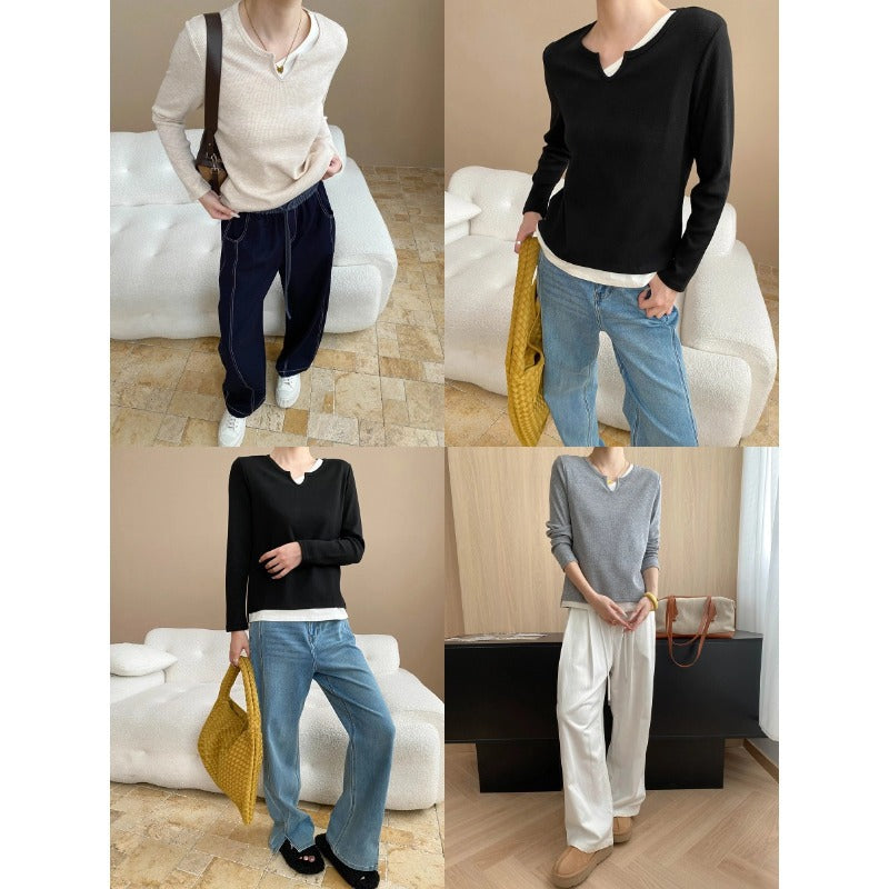 Damen Langarmshirt V-Ausschnitt Feine Struktur Norvielle